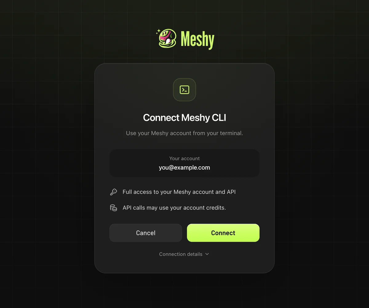 Connect Meshy CLI page