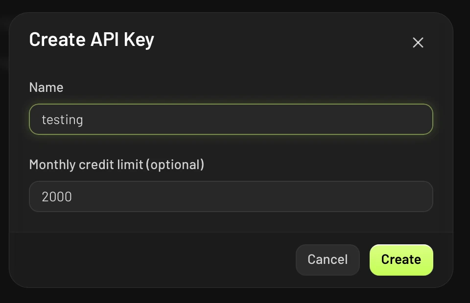 El diálogo de creación de clave de API, con un campo opcional de límite mensual de créditos