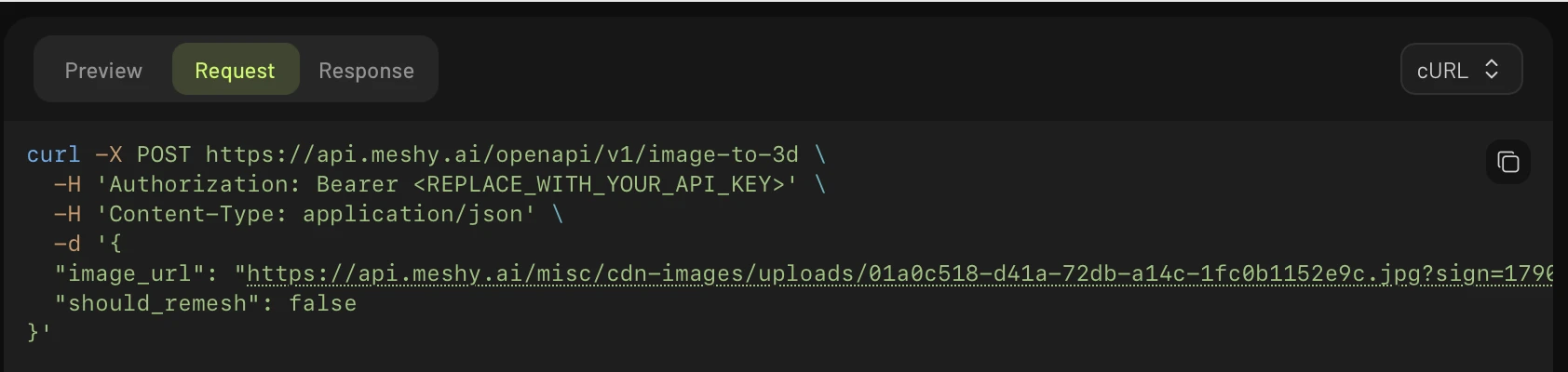 The Playground's Request tab showing the equivalent cURL command for the current request